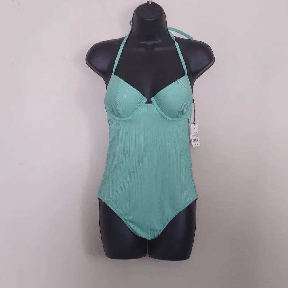 Shade & Shore Cabana Light Lift Ribbed Texture One Piece Swimsuit Green - Picture 4 of 11